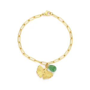 Bracciale in acciaio inossidabile fatto a mano in oro con taglio a diamante ovale perline a maglie a catena Dainty Ginkgo biloba Charm per donna