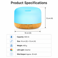 Diffuseur d'huiles essentielles OEM 500 ml à effet bois, humidificateur ultrasonique, LED 7 couleurs, 3 minuteurs, arrêt automatique, aromathérapie, vente en gros
