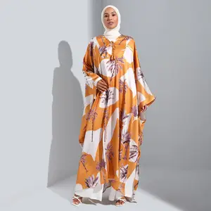 Aschulman nhà sản xuất moslem EID tùy chỉnh in kaftan Satin Váy Phụ Nữ hồi giáo và khăn trùm đầu