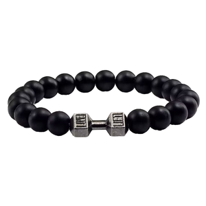 Bracelets en alliage Jaunty avec perles d'onyx noir et breloque haltère en argent antique, style unisexe tendance, cadeau d'anniversaire, bijoux - Product Image 1