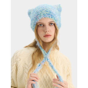Frauen niedlichen Katzen ohr Strick mütze Winter weiches Garn quadratisches Gesicht abnehmen kalte Kappe bunte Punkt Krawatte stilvolle Bild Stoff - Product Image 2