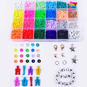Children Educational Diy Clay Bead Craft Kit Flat Round Shape Colorful Design Polymer Clay Beads For Bracelet Making