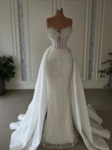 Vestidos de Novia Sirena con Cuentas y Plumas Mumuleo Sweetheart, Vestido de Lujo 2024 con Cola Desmontable Transparente - Product Image 2