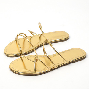 Sandales plates dorées à lanières pour femmes, chaussures de plage estivales métalliques à brides croisées, nouveaux styles, chaussures personnalisées pour femmes - Product Image 4