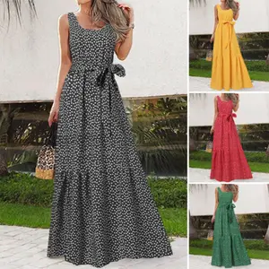 High Quality Floral Sleeveless Maxi Party Dress Plus Size Summer Tiered Belted Casual Beach Dress