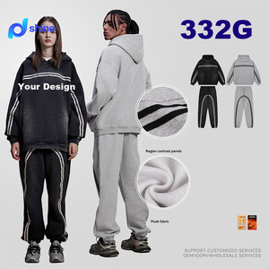 Sweat-shirt à capuche unisexe en <span class=keywords><strong>molleton</strong></span> épais lavé 332G avec bandes contrastantes, coupe oversize, style streetwear pour homme et femme, hiver - Product Image 1