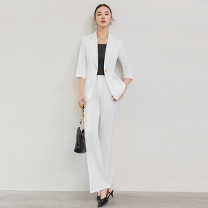 Apricot Colored Women's Suit Jacket Mid Sleeve Slim Fit Casual Blazer With Pocket Anti Wrinkle Treatment Polyester Fabric - Product Image 3