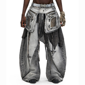 Jeans Denim Svasati <span class=keywords><strong>Avant</strong></span>-<span class=keywords><strong>Garde</strong></span> con Inserti, Effetto Usurato, Lavaggio Sporco, Frange, Multi Tasche, Gamba Larga, Stile Streetwear, Personalizzabili dal Produttore - Product Image 5