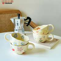 Mug en céramique de porcelaine et grès de 13 oz, personnalisé avec motif floral peint à la main, compatible micro-ondes et lave-vaisselle, pour café et céréales, vente en gros
