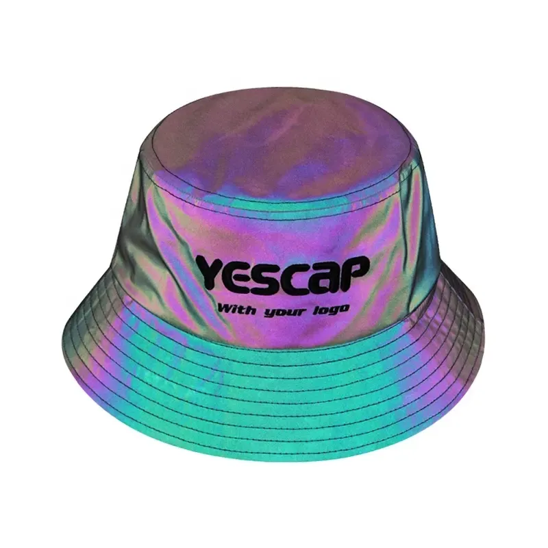 Boné balde unissex personalizado com logotipo 3D bordado para pesca, chapéu de balde arco-íris colorido e reflexivo da moda