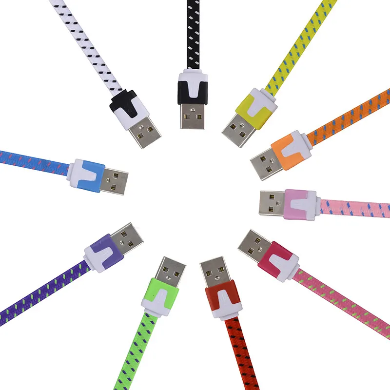 New Arrival Nylon Braided Colorful noodle Sync data cable for Apple Android type-C flat USB Charging line for cell phone
