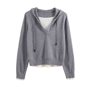 Suéter de Punto con Capucha, Estilo Dos Piezas, Holgado, para Mujer, Color Gris Sólido, Manga Larga, para Otoño - Product Image 1