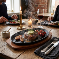Poêle ovale en fonte pré-assaisonnée avec base en bois, plateau de service pour steak, poêle de cuisson BBQ, prête à être expédiée
