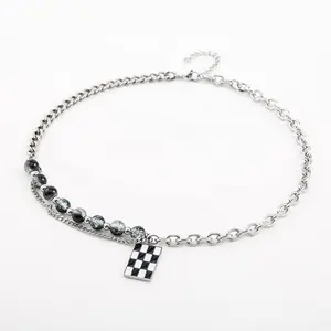 New Personality Stylish Stainless Steel Double Layer Splicing Beaded PVC Glue Black White Grid Necklaces For Men/Women