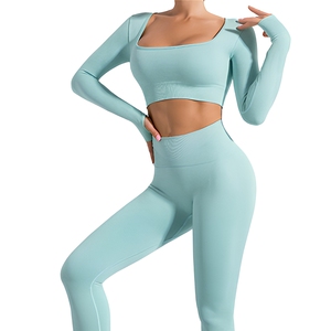 Conjunto de Yoga Verde Menta de 2 Piezas, Top Corto de Manga Larga con Cuello Cuadrado, Leggings Largos de Cintura Alta, Spandex y Poliéster, Ropa Deportiva - Product Image 2