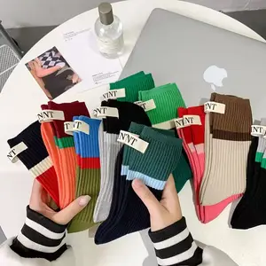 Korean Autumn Trend Letters Cloth Label Colorful Stockings Cotton Knitted Fashion Sports Women Tube Socks