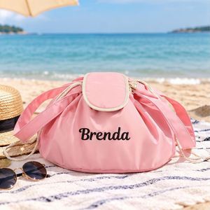 Custom Name Embroidered Lay Flat <b>Drawstring</b> <b>Makeup</b> <b>Bag</b> Large Capacity Foldable Travel Cosmetic Organizer 28x14cm - Product Image 5