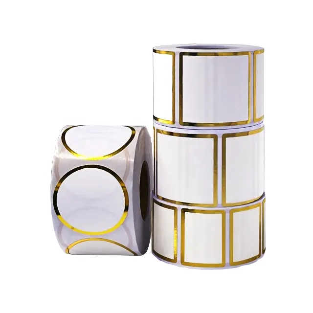 Gold foil border sticker barcode printing adhesive blank label printable circle waterproof direct thermal labels rolls