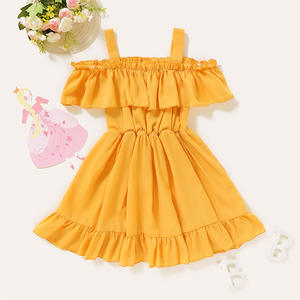 Fabricante de Ropa para Niños, Vestidos de Fiesta de Algodón Puro Amarillo sin Mangas con Hombros Descubiertos para Niñas, de China - Product Image 1
