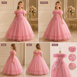Robe de demoiselle d'honneur rose en tulle bouffant pour les filles de 8 ans, tenue de fête d'anniversaire brodée pour enfants pour l'été - Product Image 4