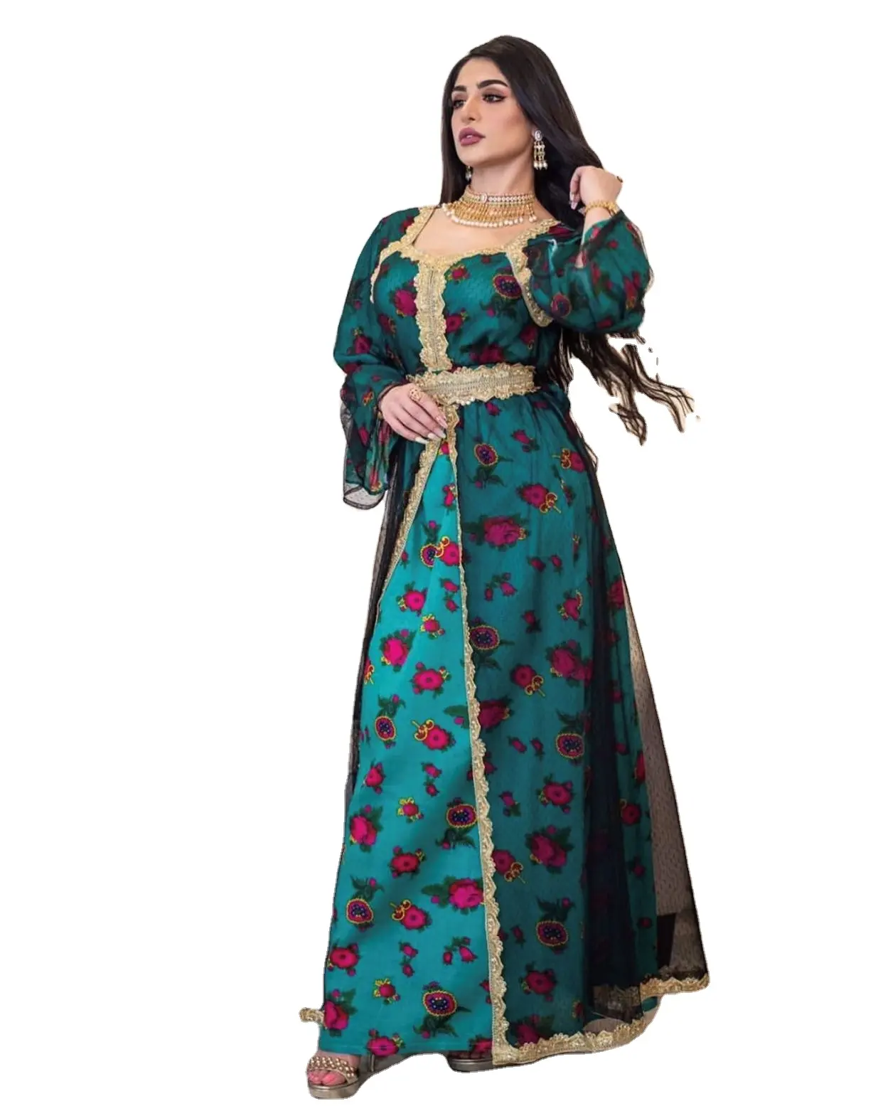 2024306 Vestidos longos elegantes marroquinos Kaftan para mulheres do Oriente Médio étnicos Dubai Abaya Robe Maxi muçulmanos