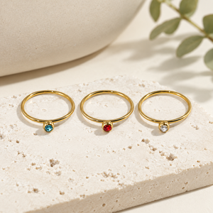 Gold <b>Tone</b> Stainless Steel Zircon Ring Fine Band with Blue <b>Red</b> or Clear Round Stone Accent - Product Image 1