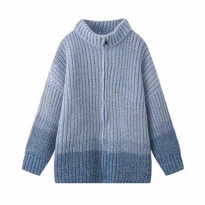 Suéter antiarrugas de manga Regular con patrón degradado de cuello alto fruncido frontal con cremallera tejida informal de Invierno para mujer - Product Image 3