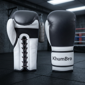 Gants de boxe professionnels KhumBro Classic noir et blanc |   Gants d'entraînement en cuir PU de qualité supérieure avec poignées, fermeture à lacets unisexe - Product Image 2