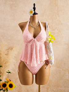 Ensemble Tankini 2 Pièces Femme Halter Jacquard Texturé avec Haut Volanté Fluide et Bas de Bikini à Nouer sur les Côtés, Maillot de Bain de Plage - Product Image 4