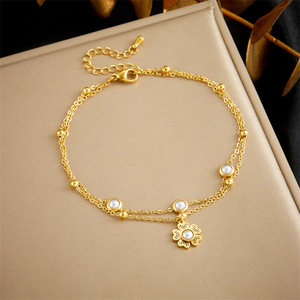Chevillère double chaîne en acier inoxydable plaqué or avec perles imitation marguerite et breloques petites perles pour adolescentes - Style décontracté - Product Image 4