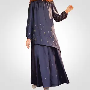एसआईपीओ ईद हॉट सेलिंग मलेशिया मुस्लिमा नेवी कढ़ाई स्लीव टॉप फुल लाइनिंग स्कर्ट के साथ महिलाओं की ड्रेस आधुनिक बाजू कुरुंग