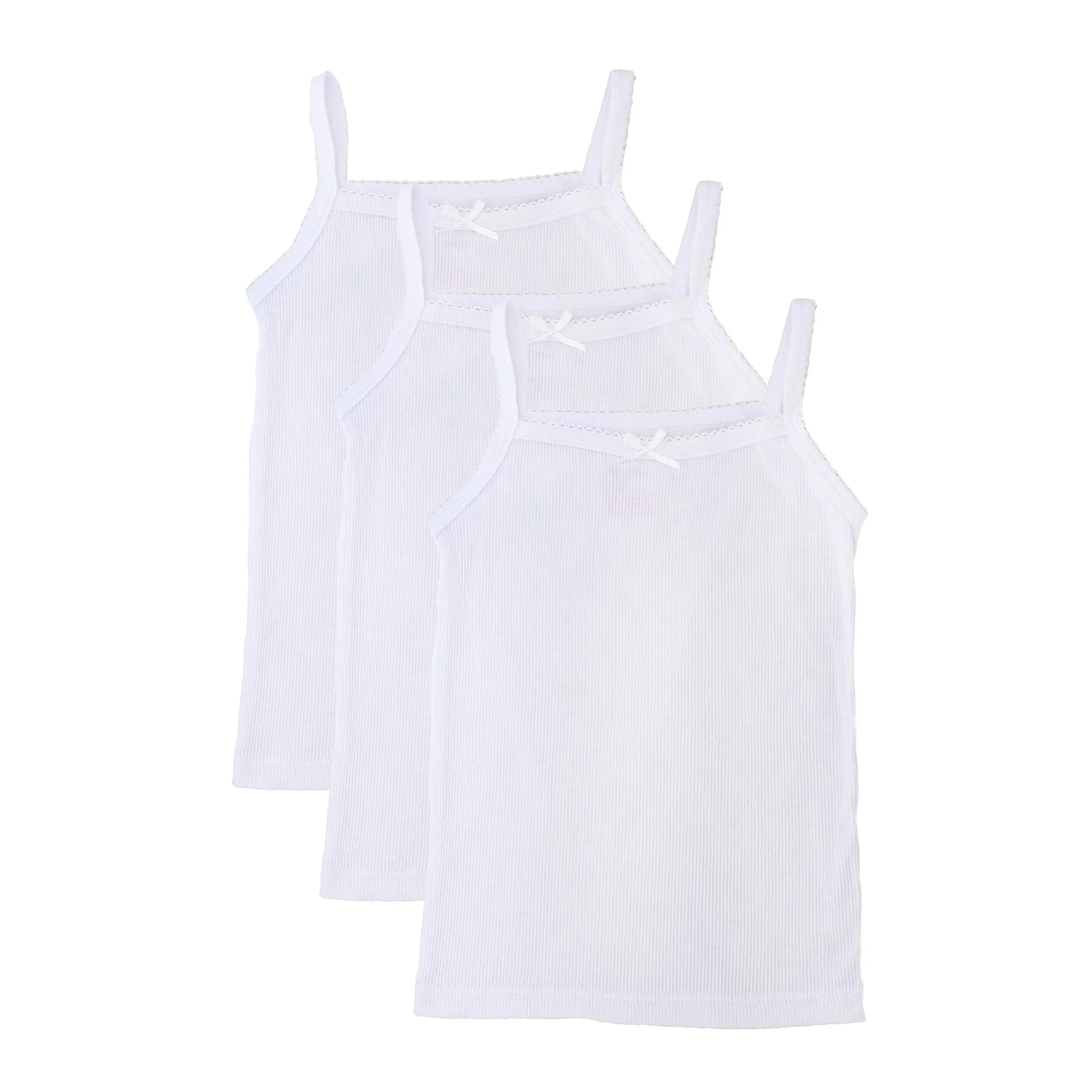 Girls Solid White Snug Fit Tagless Cami Vest - 100% Cotton Super Soft Undershirts (3/Pack)