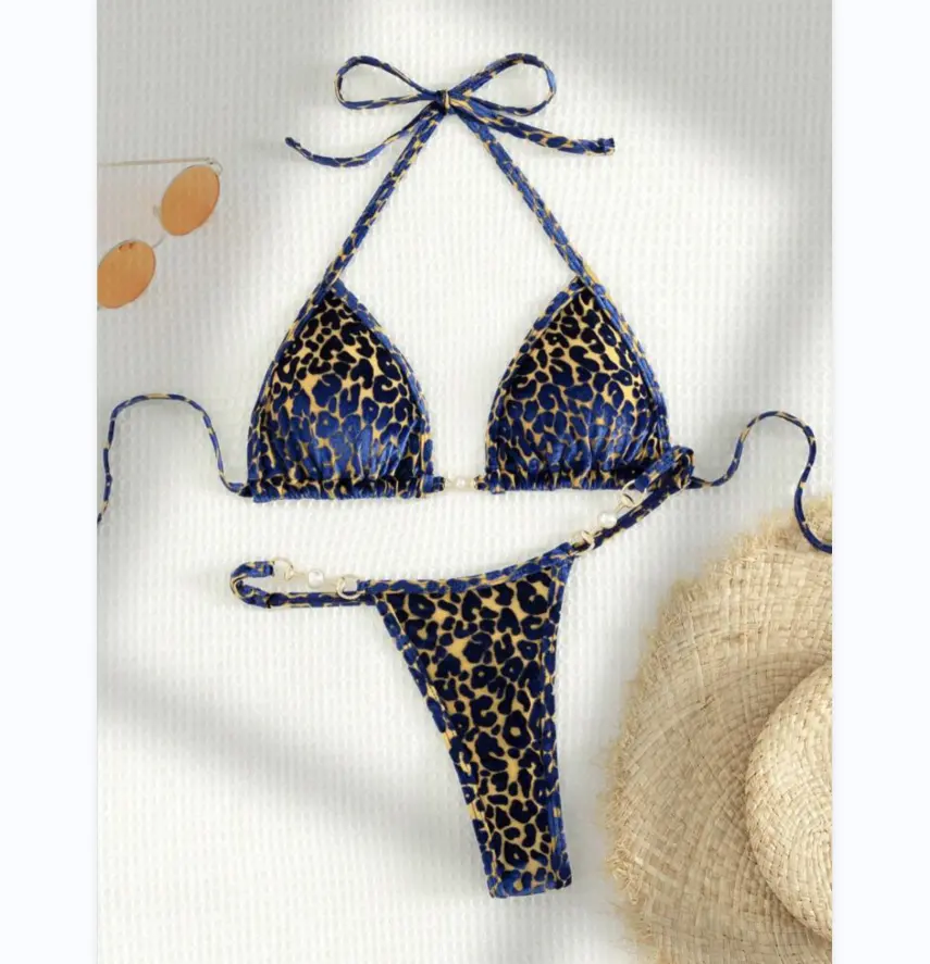 Set Bikini kain berkilau beludru seksi baru 2024 pakaian renang motif macan tutul Thong Brasil dengan pakaian mandi mutiara baju renang berenda