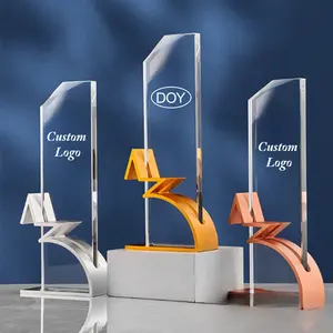 Factory Price Custom Brand Logo Personalized Glass Crystal Trophy Award with with Metal Base