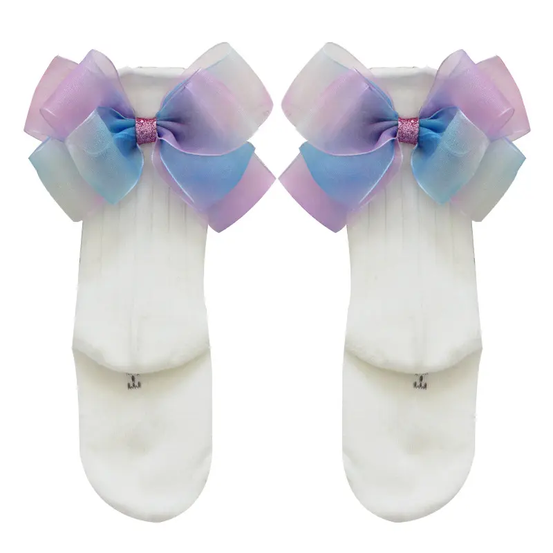 Calcetines con lazo de seda para niñas pequeñas, medias con lazo grande colorido en la parte superior, de algodón, de princesa