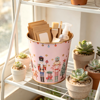 Pot Kaleng Logam Cetak Motif Nutcracker Pink, Pot Tanaman Dekoratif Natal, Pot Penyimpanan untuk Bunga & Hadiah