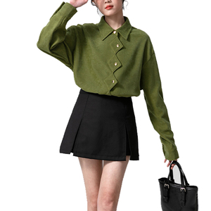 Camicetta a maniche lunghe con colletto da <span class=keywords><strong>donna</strong></span> <span class=keywords><strong>in</strong></span> cotone a maniche lunghe con bottone irregolare verde militare di alta qualità personalizzata - Product Image 6