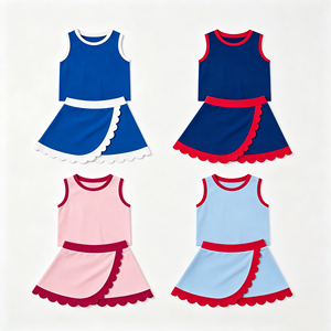 Set gonna corta estiva in spandex tinta unita personalizzabile con logo stampato, stile coreano, senza maniche, con orlo smerlato, per ragazze - Product Image 1