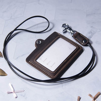 Porte-badge en cuir véritable avec cordon, personnalisable, pour carte d'identité professionnelle, portefeuille avec poche pour étudiants, bus et usage bureautique