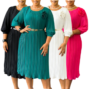 Abiti Estivi Trendy da Donna, Casual <span class=keywords><strong>con</strong></span> Maniche 3/4, Collo Tondo, Plissettati, Eleganti per l'Ufficio <span class=keywords><strong>con</strong></span> <span class=keywords><strong>Cintura</strong></span> - Product Image 1