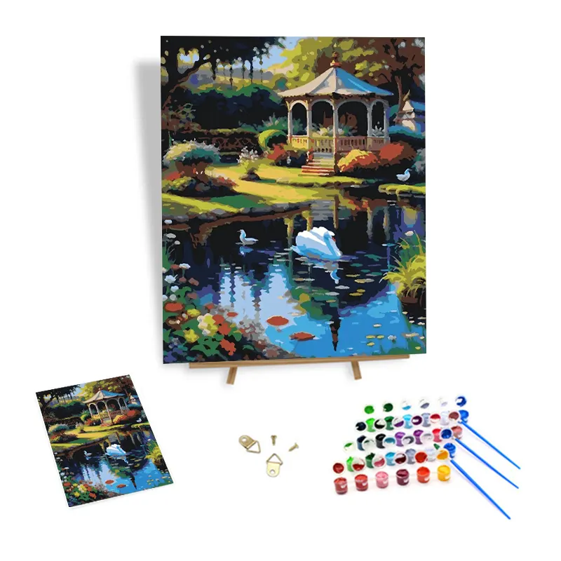 DIY Painting by Numbers Garden Pavilion Pond Swans Oil Paint by Numbers Scenery Picture