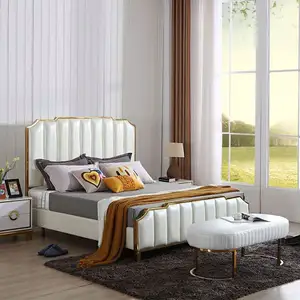 Modern mewah kulit tempat tidur ganda dengan headboard kamar tidur furnitur