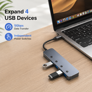 Hub <span class=keywords><strong>USB</strong></span> 5 en 1, <span class=keywords><strong>adaptateur</strong></span> <span class=keywords><strong>USB</strong></span> 3.0 de type A à 4 ports avec interrupteurs d'alimentation individuels, séparateur multiport en aluminium pour PC portable - Product Image 5