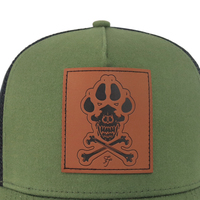 Venta al por mayor personalizado parche de cuero al aire libre hombres deportes verde táctico pesca caza senderismo 5 paneles béisbol camión camionero gorras