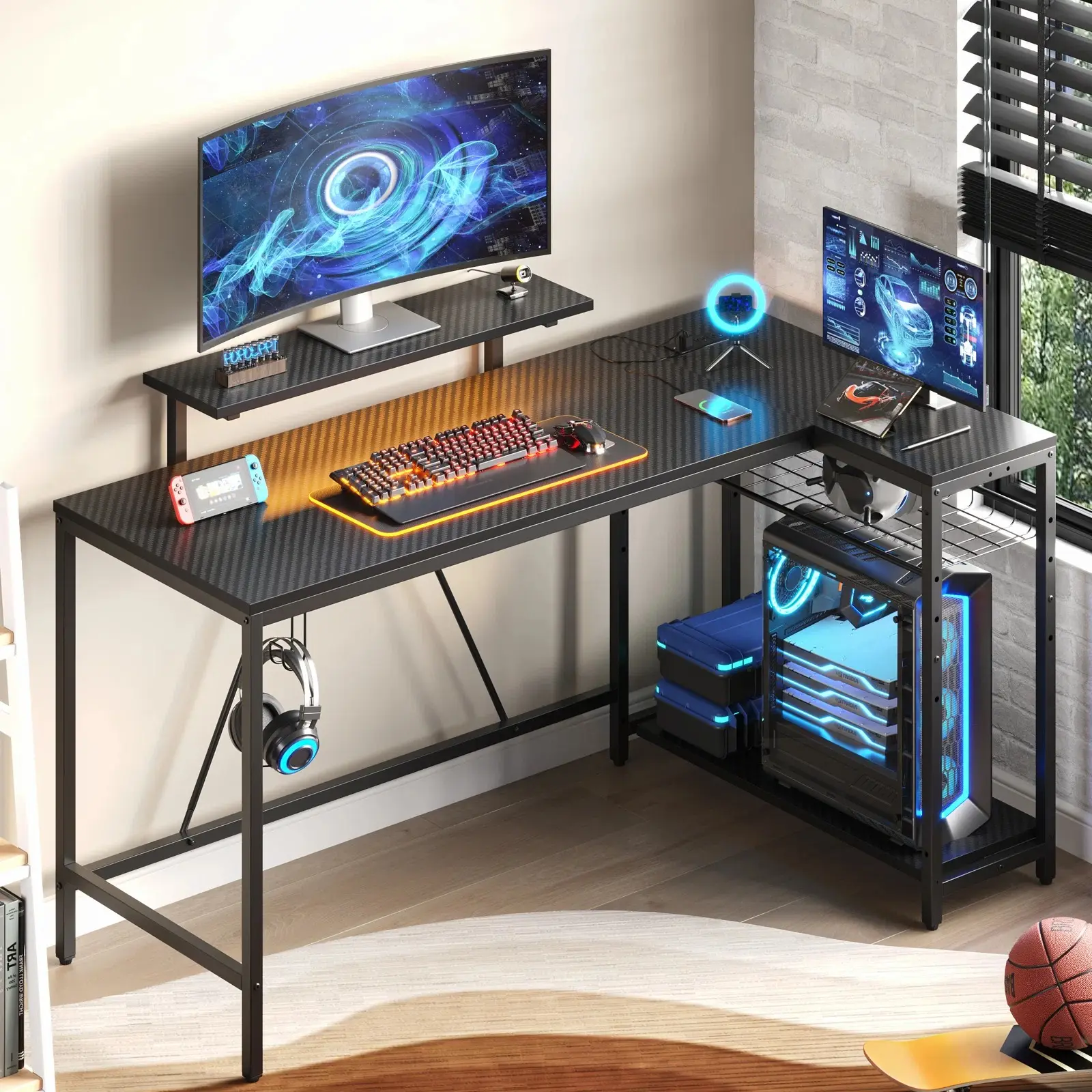 Produttore all'ingrosso L-Shape tavolo da gioco a LED in legno modulare scrivania per Computer con supporto Monitor e presa di corrente