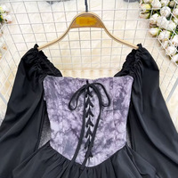 Nouveautés Vente Flash Robe Mini Trapèze à Col Carré Manches Longues Taille Haute Empire Élégante Manches Lanterne Plissée Unie pour