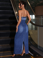 Femmes été sans bretelles Maxi robe Sexy maigre Style Simple robe moulante cintrée taille décontracté moulante longue robe faite Denim