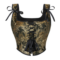 Corset bustier grande taille style vintage à fleurs dorées pour femme avec bretelles à nouer