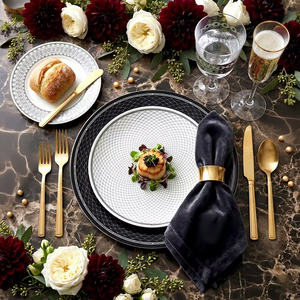 Service de table en céramique de style H-Deco de luxe, assiettes en porcelaine géométriques noires et blanches pour hôtel, restaurant, mariage, vente en gros - Product Image 4