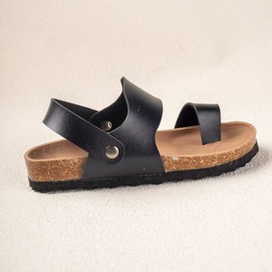 Sandales plates en cuir noir personnalisées pour enfants avec anneau d'orteil, bride arrière réglable, semelle en liège antidérapante, confortables pour l'été et la plage - Product Image 2